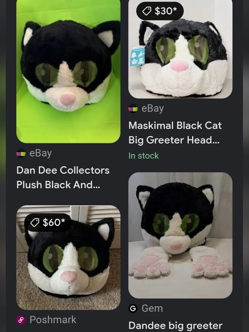 Dan Dee Plush Black & White Cat Head Toy